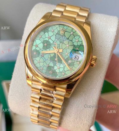 Swiss Copy Rolex 31mm new Datejust Green Floral motif Smooth Bezel Bracelet